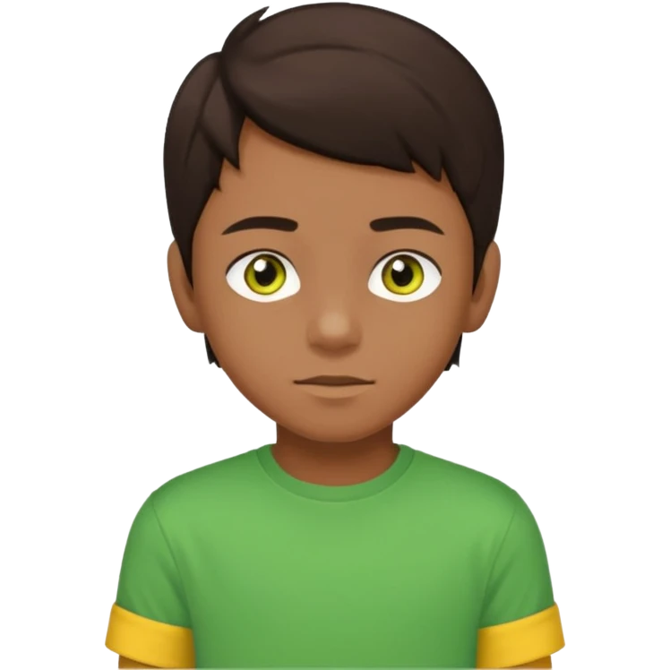 A portrait of a 14-year-old boy, he's got dark-brown hair, brownish skin and green hazel eyes. he's wearing a t-sirt with yellow sleeves. emoji