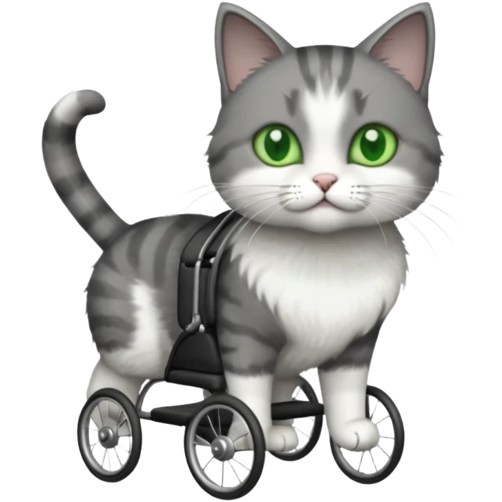 full body small short hair dark grey and white cat with green eyes walking in a wheelchair for cats emoji