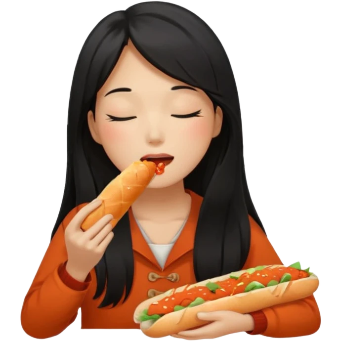 Girl black long hair eat kimchi close eyes baguette emoji