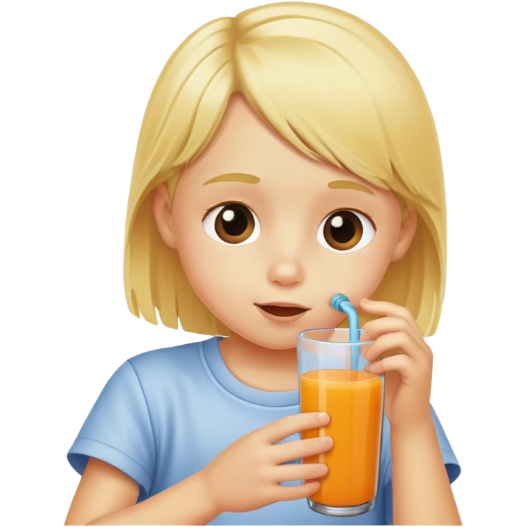 A blond kid drinking juice looking at a phone emoji