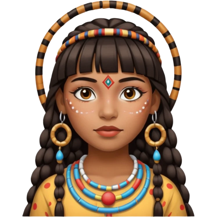 Chica indígena con maquillaje tradicional de indígenas con puntos y rayas, pelo liso y flequillo, con aretes de candongas grandes  emoji
