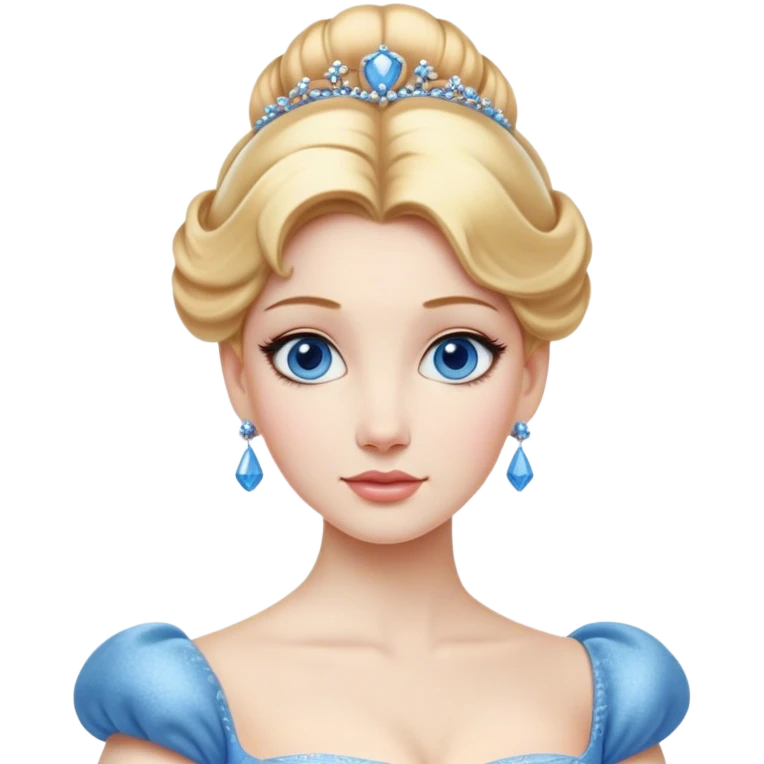 Cinematic Realistic Noble Cinderella Portrait, depicted with porcelain skin rendered in lifelike detail and soft, natural lighting that highlights every delicate nuance. Her intricately styled golden-blonde hair is arranged in an elegant updo, and her deep, expressive blue eyes radiate quiet determination. She wears her classic ball gown with rich fabric textures and delicate folds catching the light beautifully, all set against a subtly glowing, natural background that captures the essence of timeless royal grace. emoji