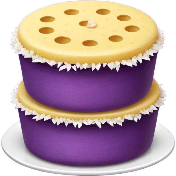 Create an emoji-style illustration of puto bumbong. Purple steamed rice cakes stacked together, topped with butter, grated coconut, and brown sugar. Cute, clean, iOS-style emoji look emoji