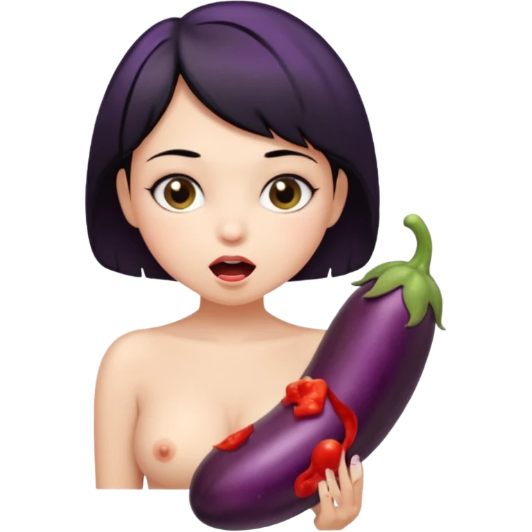 nude girl, big tits, black short hair, the eggplant is deep in his mouth emoji