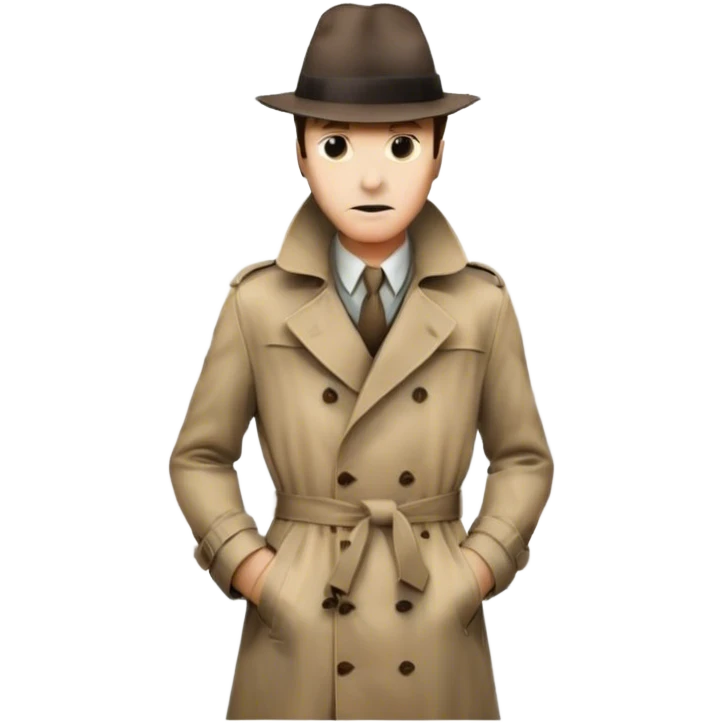 Icon for Detective Movie: A vintage movie poster-style design featuring a mysterious detective, shadowy alleys and a foggy cityscape. Include classic noir elements like a fedora, trench coat, and a dimly lit street. Bold typography and retro cinematic style. Transparent background. emoji
