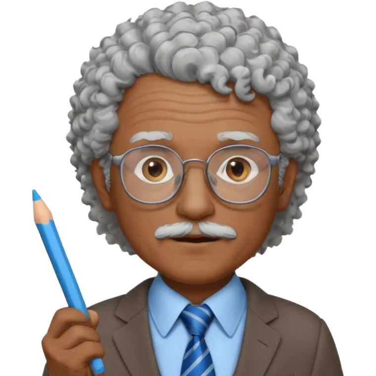 old man teacher, brown skin, curly grey white hai, wearing glasses, brown suit, blue tie hold chalk on hand emoji