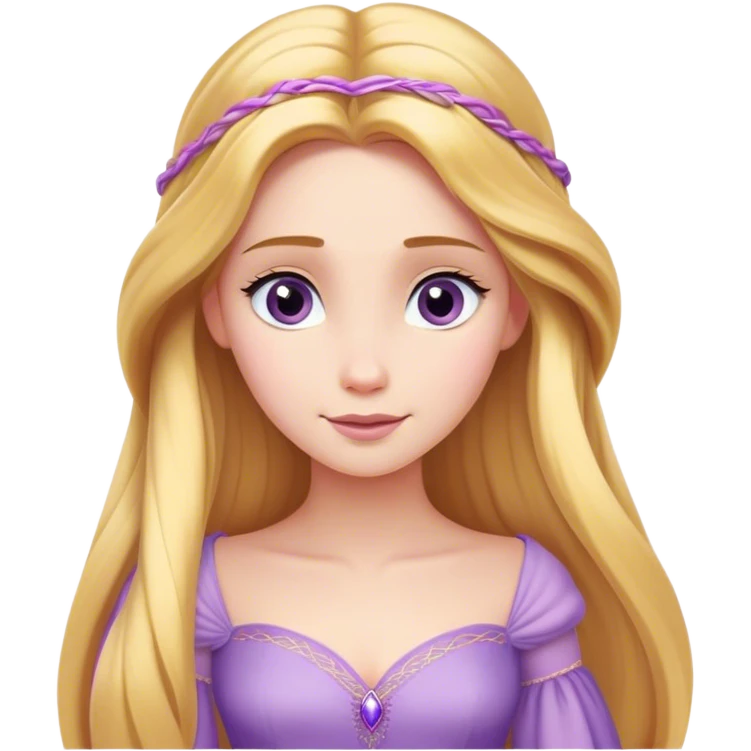Cinematic Elegant Rapunzel Portrait Emoji, rendered in a realistic, vector-style with minimal shading and bold, simplified shapes. Depict Rapunzel (chest and above) with fair, porcelain skin, long, flowing golden hair cascading gracefully, and soft, gentle eyes, wearing her iconic light purple gown. The image glows with a soft, enchanting radiance and high shine, capturing timeless fairy-tale beauty. emoji