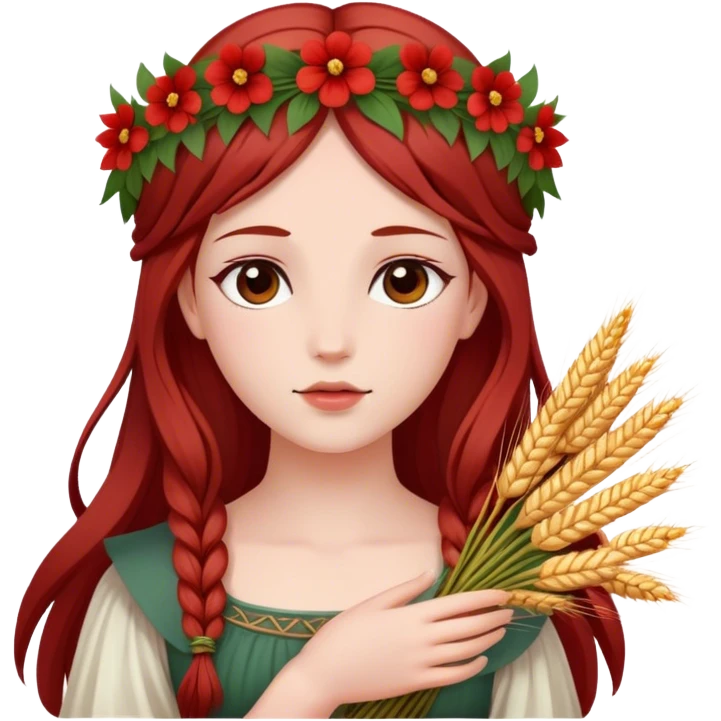 In Greek mythology, Persephone is often depicted as a young goddess with fair skin and dark red, straight hair. She is typically shown wearing a wreath of flowers and holding symbols like sheaves of grain or a flaming torch.  emoji