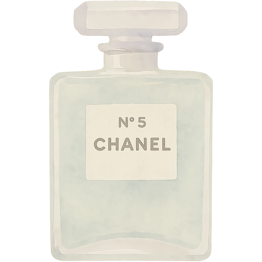 Chanel perfume bottle in a watercolor illustration style, soft edges, artistic brushstrokes emoji