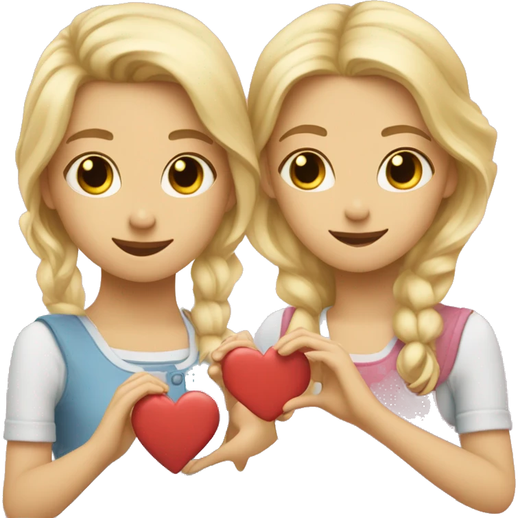 two girls make hearts with their hands, one girl is blonde and the second girl's hair are dark emoji