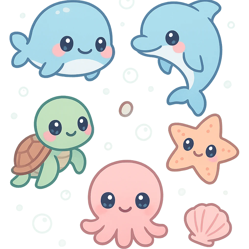 super kawaii soft pastel summer sea theme for LINE app, featuring a cute baby whale, dolphin, sea turtle, octopus, starfish, and seashells, all chibi characters with big sparkling eyes, each character large and spaced apart with no overlaps, bolder outlines, soft shadows, high contrast, soft gradient aqua blue background with floating bubbles, minimal clean layout, high quality, PNG, transparent background, 9:16 aspect ratio emoji
