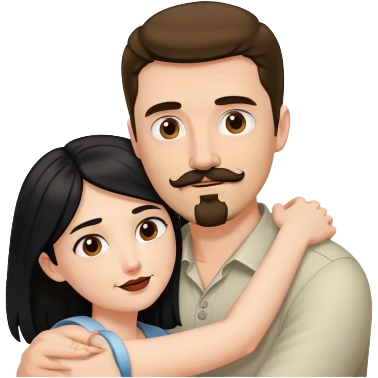 Tall white man with brown mustache goatee AND a short pale woman with long black hair, hugging emoji