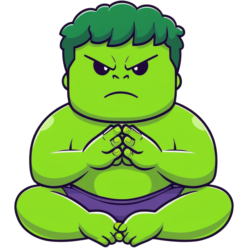 Hulk calming down, green superhero transitioning from angry to peaceful, breathing deeply, meditation pose, relaxing expression emoji