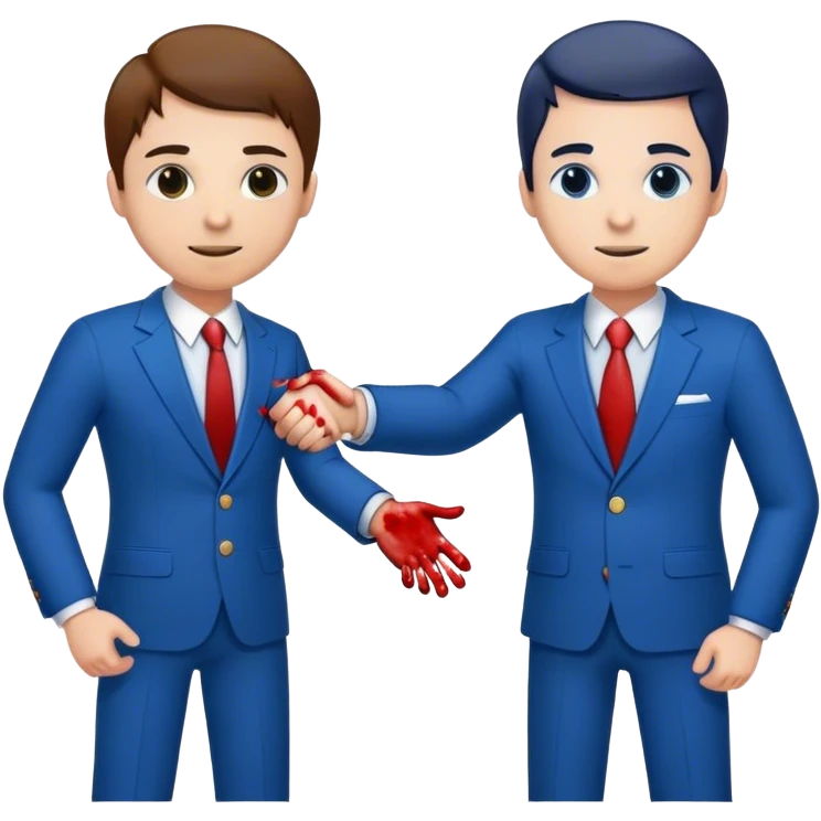 handshake, hands in blue suits, blood on one of the hands emoji