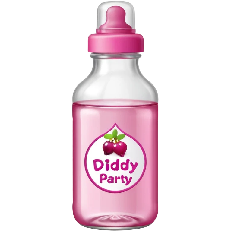 realistic baby oil style bottle pink cap pink logo clear bottle with berry logo with diddy party written and a berry on top bottle emoji