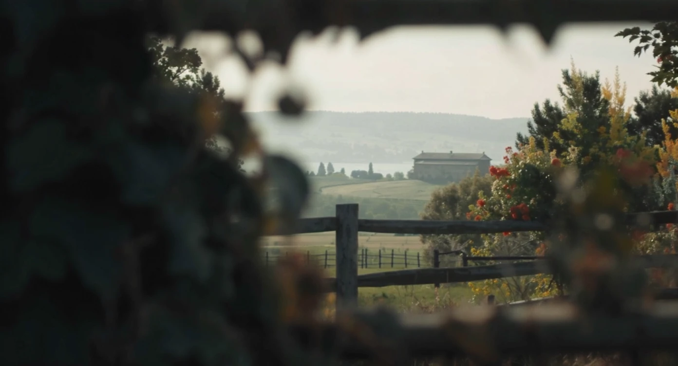 "Two shot" in the foreground, blurred plants in the foreground (frame within a frame), a wooden fence and colorfull flowers in the midground, Poland, rolling hills in the background, cinematic depth of field, layered composition, natural lighting emoji