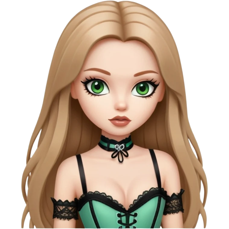 pretty bratz girl, long straight LIGHT BROWN HAIR, jade green eyes, black eyeliner, pale skin, black corset clothes with laces emoji