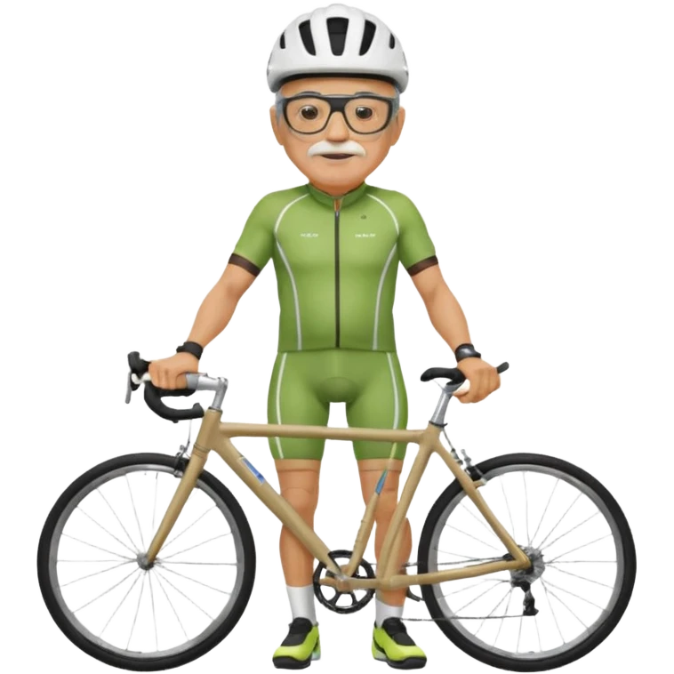 older, 60-year-old man, about 200lbs, with visor under helmet, and mirror on glasses, in cycling clothes, straddling road bike, graphic design emoji