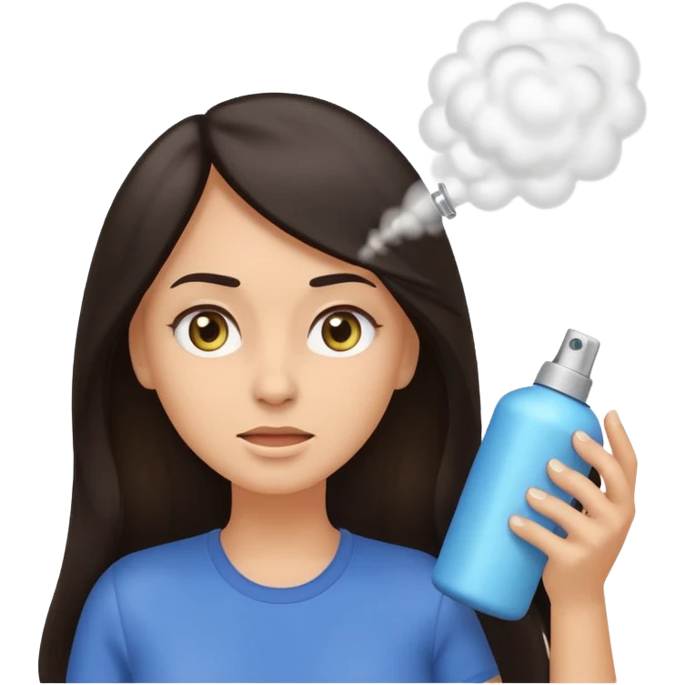 Emoji-style illustration of a woman with long dark hair, front-facing, simple rounded facial features, big expressive eyes, flat vector shading. A hand is spraying hair spray from a small aerosol can toward her hair, visible mist/spray particles in the air.  emoji