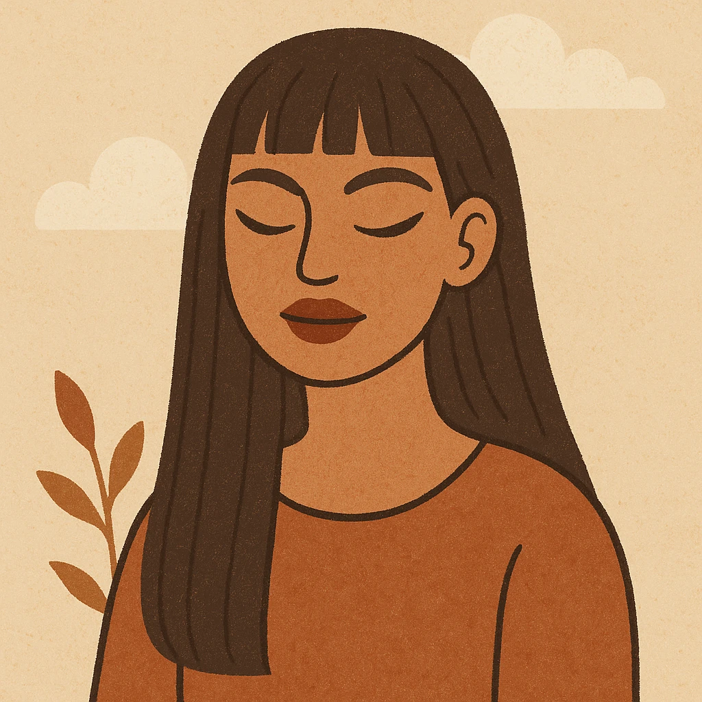 illustration of an Indian girl with straight long hair and a fringe, big lips, slightly slanted eyes, winged eye liner, flat warm colors style emoji