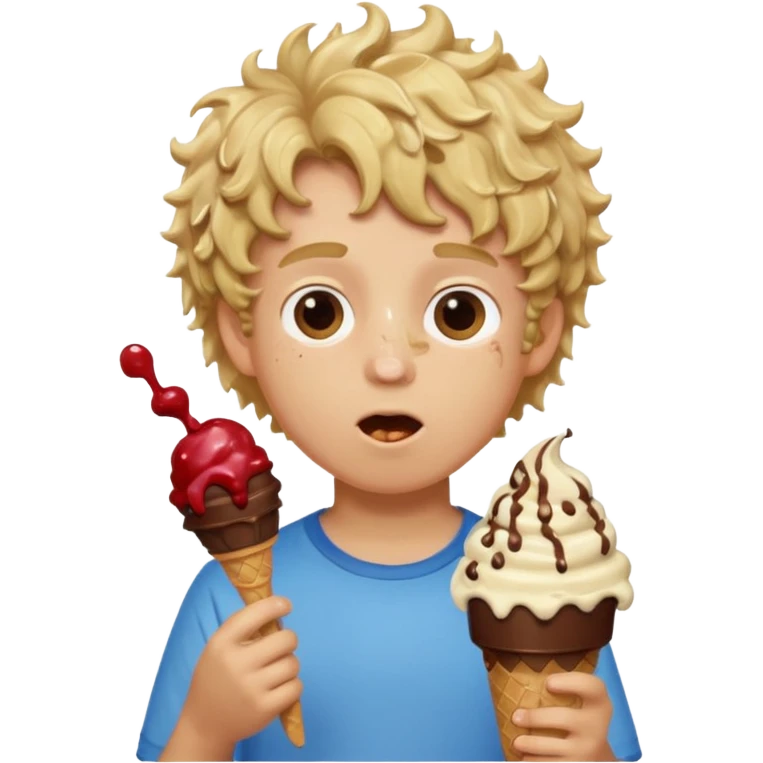 boy blonde curly hair, chef, eating big chocolate ice cream emoji