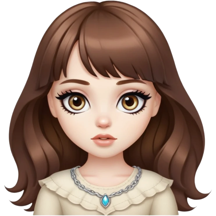 wavy brown long bangs hair, pale skin,  heterochromia iris, pretty bratz baddie, strong black eyeliner emoji