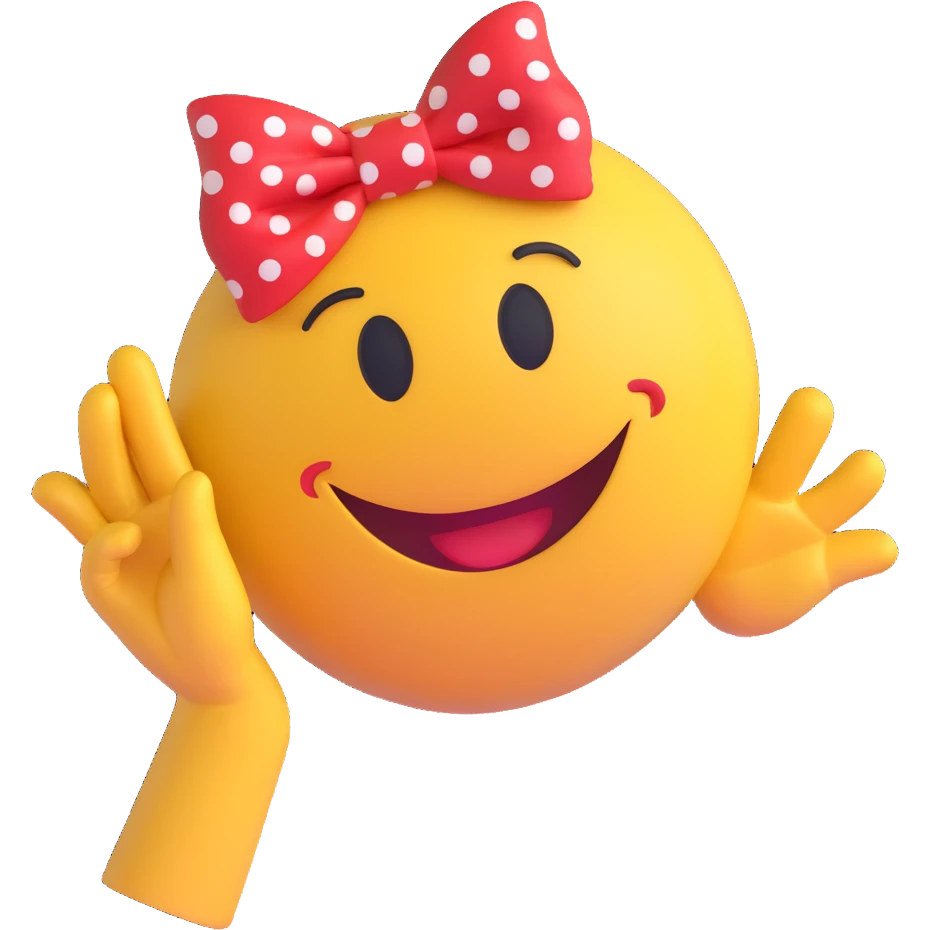 3D smiley emoji, large eyelashes, red polka dot bow, winking, smiling, waving with one hand, cute style emoji