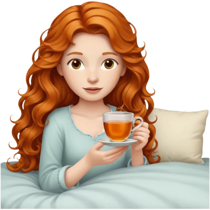 Girl with long ginger wavy hair in the bed with cup of tea emoji