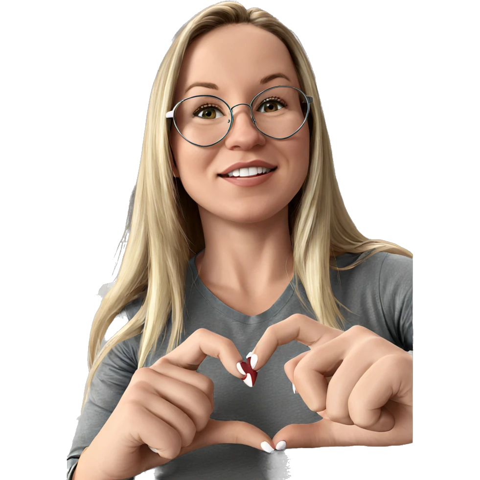 blonde girl with heart hands emoji