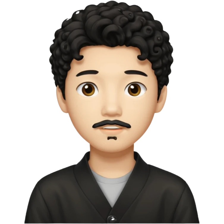 un ragazzo coreano di 18 anni  con il pizzetto capelli ricci e lunghi sciolti  neri  emoji