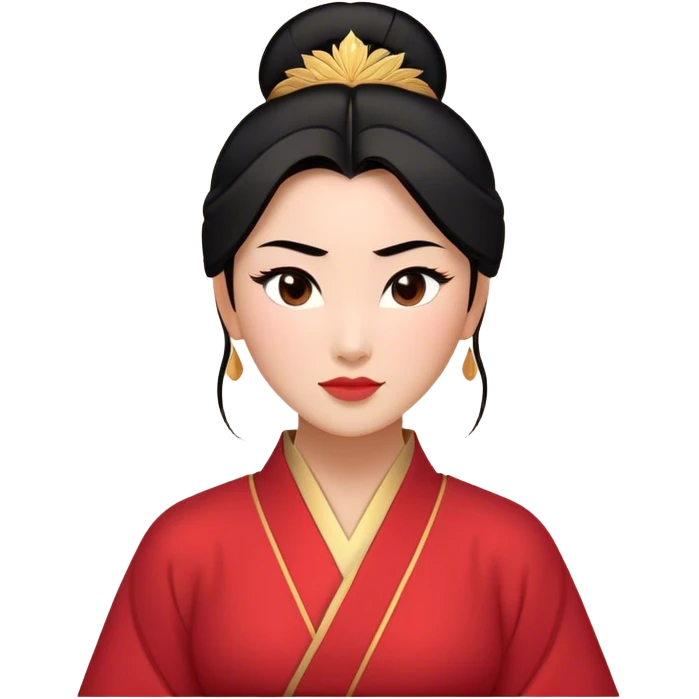 Cinematic Elegant Mulan Portrait Emoji, rendered in a flat, vector-style with minimal shading and bold, simplified shapes. Depict Mulan (chest and above) with warm, light-toned skin, almond-shaped eyes, and sleek black hair styled in a traditional bun. She wears a modest, traditional robe with subtle red and gold accents, glowing with a soft, refined radiance and high shine, capturing timeless beauty and inner strength. emoji