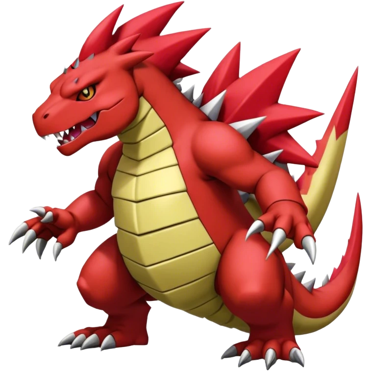 Cool edgy shiny Guilmon-Tyranitar-Drudigon-Digimon-hybrid-fusion, yellow belly, full body emoji