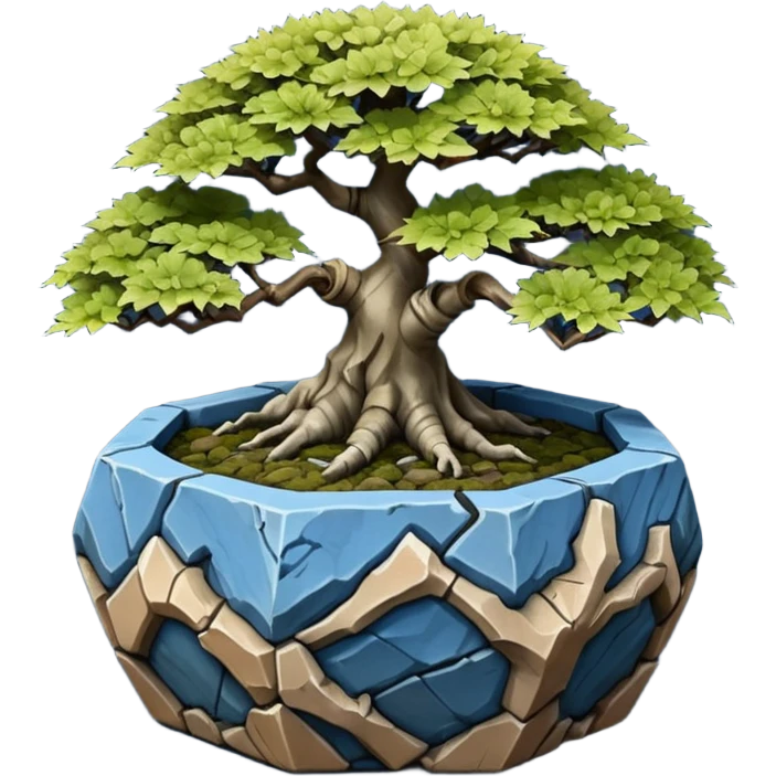 Korean very old broken Stone Age rocky-crusted dodecahedron-shaped shallow dark moss rough bark blue maple tree bonsai pot emoji