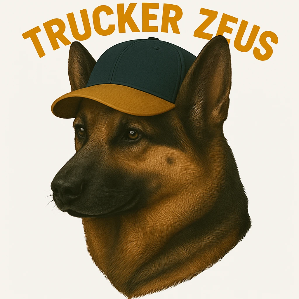 Further compress the image to reduce file size as much as possible while keeping transparency, realistic German Shepherd, and yellow 'Trucker Zeus' text. emoji
