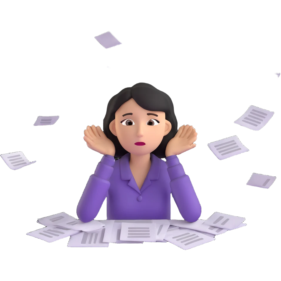 tired woman with flying papers around her emoji