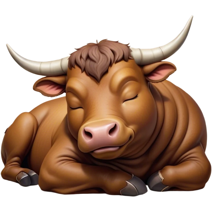 Meme-Worthy Cute Sleeping Brown Bull Portrait Emoji, Head resting peacefully with a contented smile, showcasing a robust, massive build and a luxuriously soft rich brown hide, eyes shut in a serene, restful nap, Simplified yet hilariously adorable features, highly detailed, glowing with a soft, drowsy light, high shine, relaxed and utterly lovable, stylized with an air of playful laziness, bright and heartwarming, soft glowing outline, capturing the essence of a comically sleepy guardian, so meme-worthy it feels like it could instantly become the next viral sensation of adorable slumber! emoji