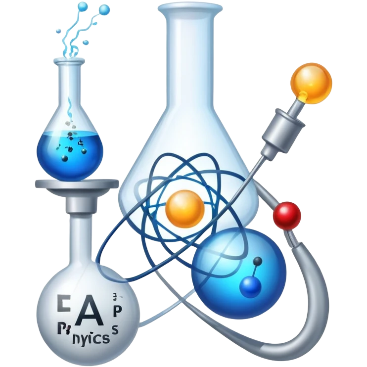 An icon featuring an atom, a laboratory flask, and a physics formula, symbolizing the study of physics. The design includes a magnet, a pendulum, and light waves, representing forces, energy, and scientific discovery. Transparent background highlights the exploration of physical laws and phenomena. emoji