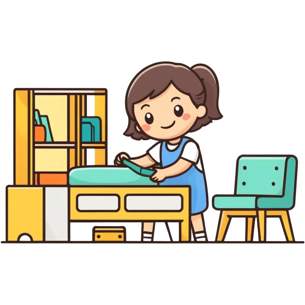 smiling girl arranging furniture in doll house emoji