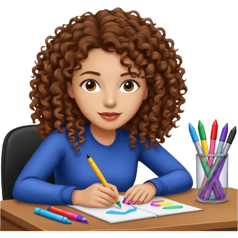 A women curly hair long and light skin with markers on her desk emoji