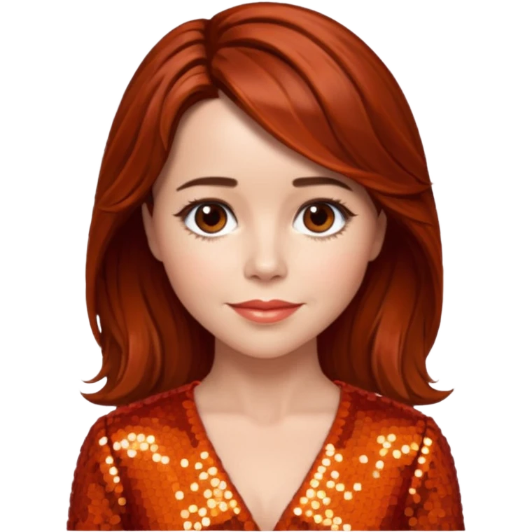 Linda Cardellini with reddish brown hair, red-orange sequin outfit emoji