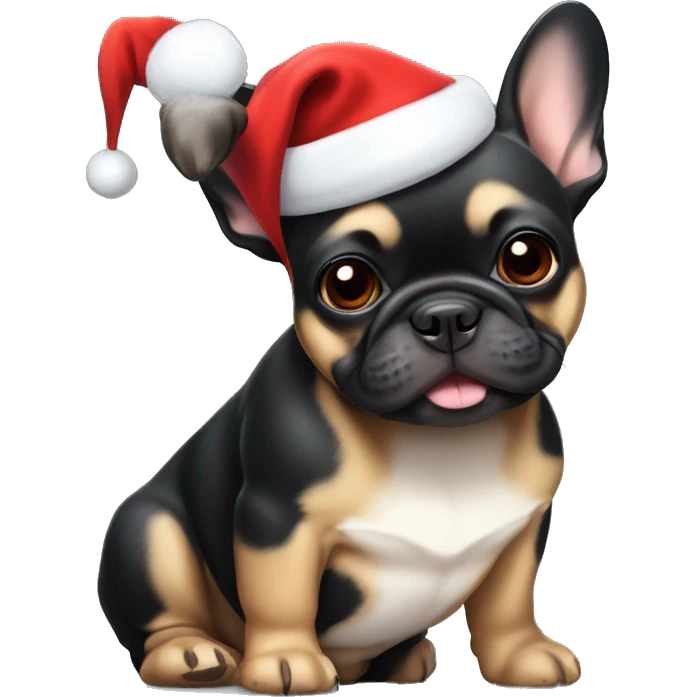 A small, black-and-tan French bulldog with a mostly black face and tan paws, wearing a classic red and white Santa hat, sitting happily with its tongue slightly out. emoji