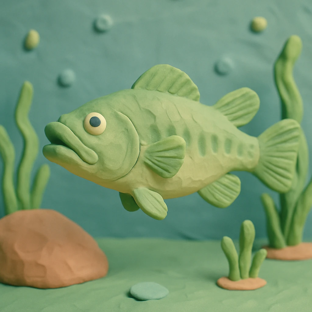 largemouth bass swimming in a pond, visible fingerprints, pastel colors, claymation style emoji