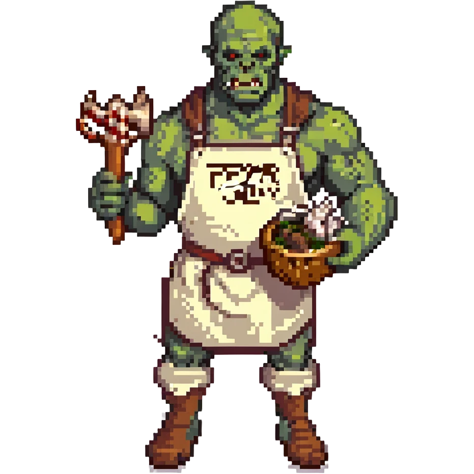 orc male Apron with "Kiss the Cook" (scratched out, replaced with "Fear the Cook"), giant rib bone as a weapon. emoji