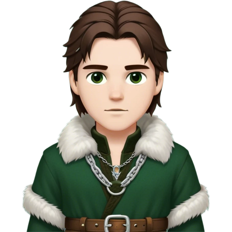 Medieval winter outfit worn by a DnD themed fantasy male character. Double-layered hunter green wool tunic with sable fur collar, featuring silver chain closures and a thick braided leather belt with iron fittings. Clothes only above the waist, full waist coverage. The character has no arms. Character is white-skinned with rich brown hair, amber-flecked eyes, and medium-length straight hair with ice-rimmed edges. emoji