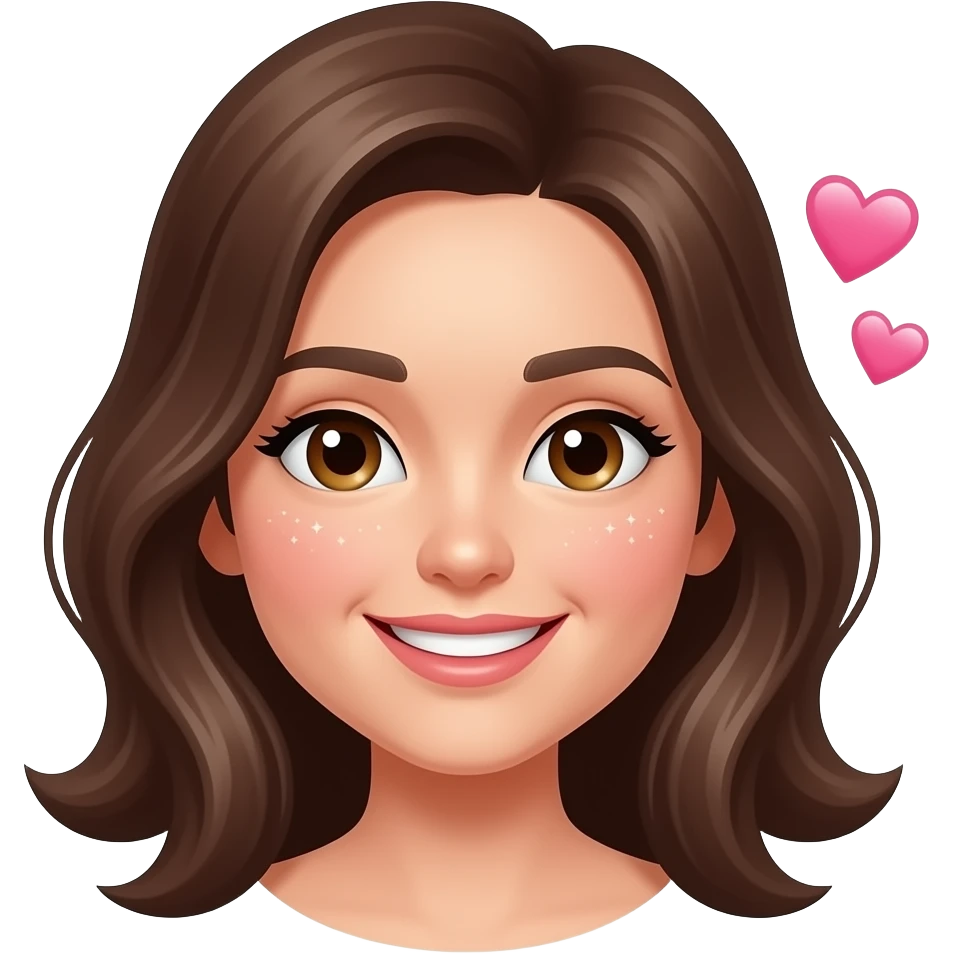 Rostinho feminino com sorriso leve, olhos brilhantes, bochechas rosadas, cabelo solto e um ✨ + 💖 delicados. emoji