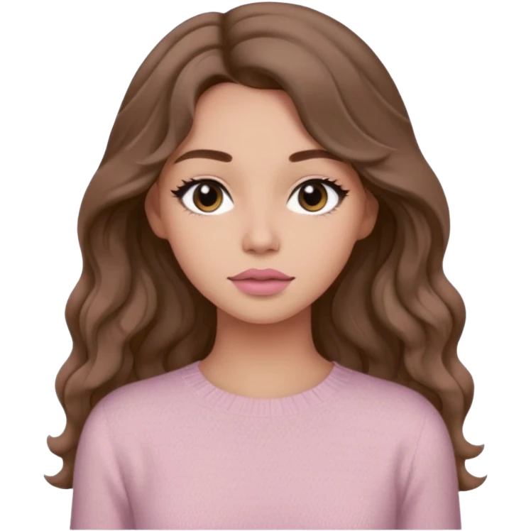 a woman with beige knit long sleeve top, her hair is long wavy brown hair, her face is soft girl style, her eyes color are black and the color of her lip is soft pink emoji