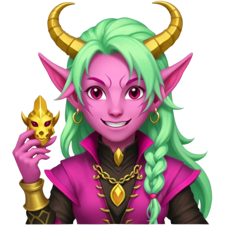 A D&D tiefling with pale green skin and long hot pink hair. She is a rouge and is obsessed with gold emoji