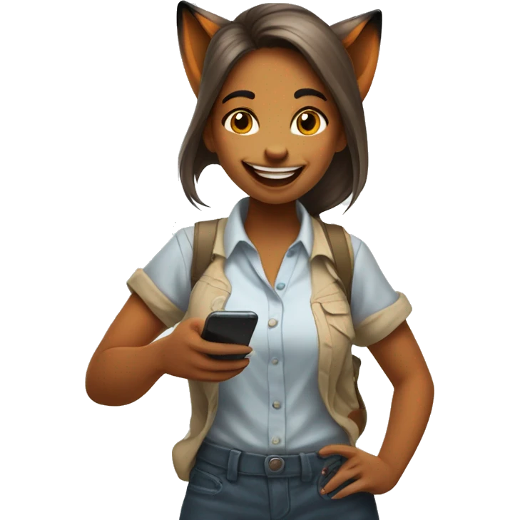 Happy girl Fox in a shirt stands and uses her favourite app in the phone, and stares in the phone emoji