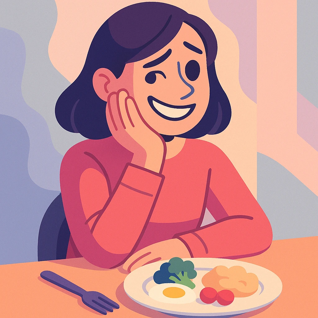 a person hiding their sadness and eating disorder, looking away with a forced smile, plate of food pushed aside, soft pastel colors, gentle lighting, emotional atmosphere emoji