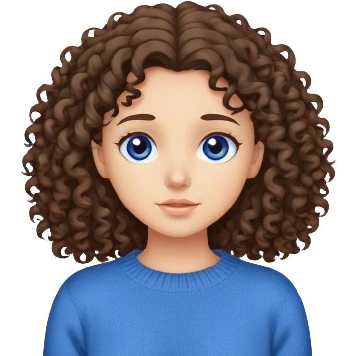 Brunette Girl wearing a blue sweater curly hair standing up  emoji